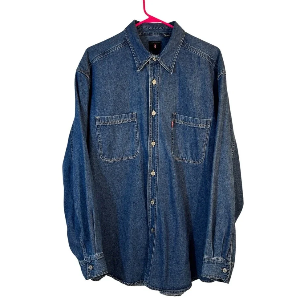 Vintage Levis Red Tab Jeans Shirt Mens L Blue Denim Long Sleeve Button Down